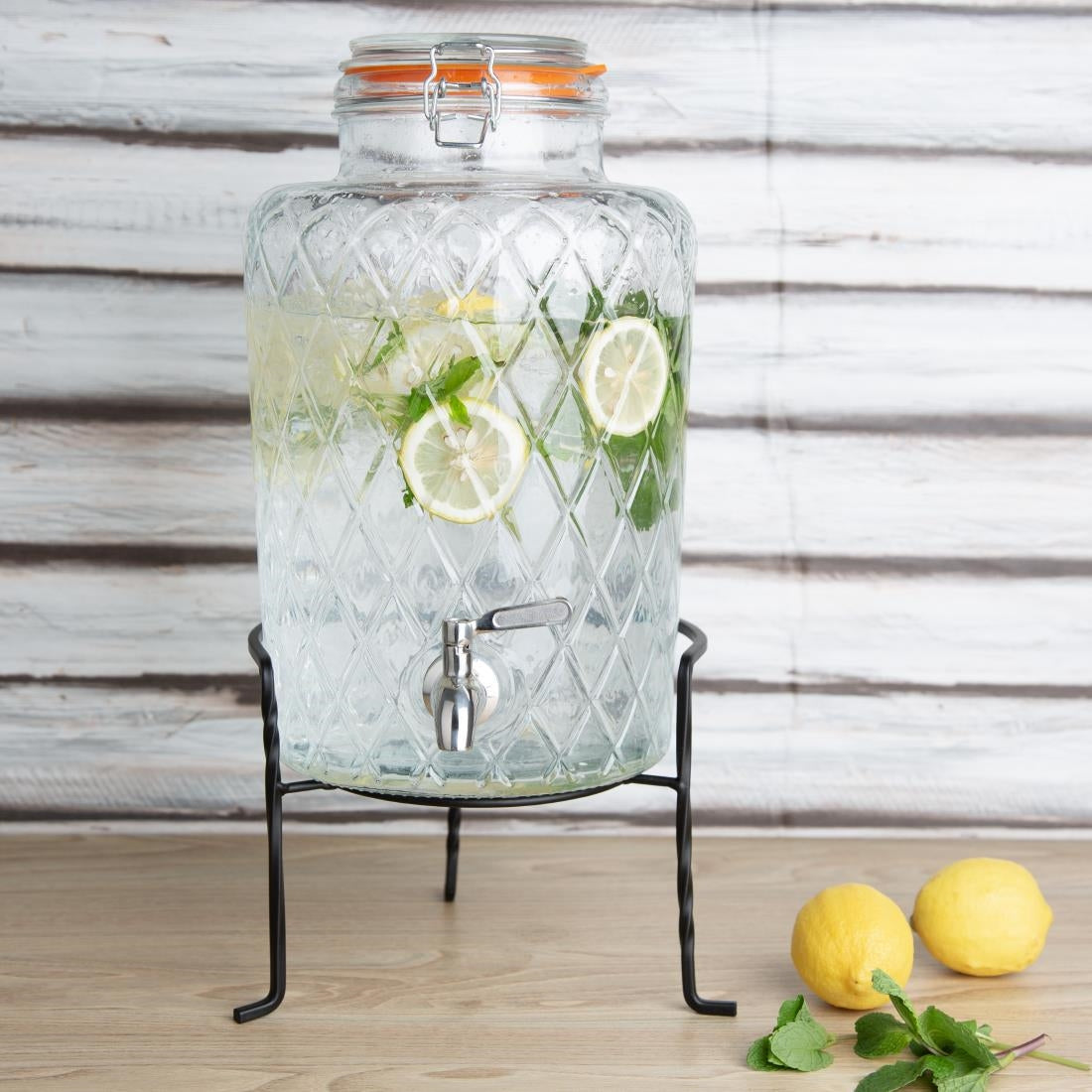 Olympia Geo Glass Clip-Top Drinks Dispenser with Wire Stand 8Ltr (330(H)x255(W)x210(D)mm. Material: Soda Lime Glass) • PAS-JB379