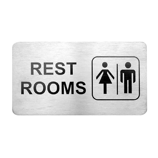 Trenton Restrooms Wall Sign Stainless Steel 110x60mm (Stainless Steel. Adhesive Back. Restrooms. 110x60mm) • PAS-JD681