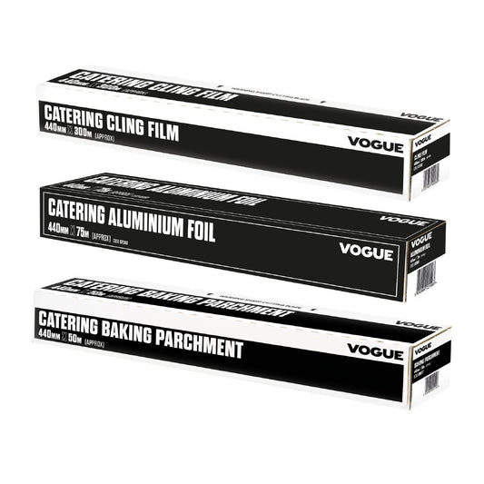 Vogue Professional Catering Pack 440mm (3 Pack) (Pack includes: 400m cling film, 75m aluminium foil and 50m baking parchment) • PAS-SA320