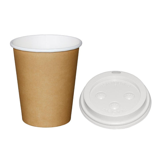 Special Offer Fiesta Recyclable Brown 225ml Hot Cups and White Lids (Pack of 1000) • PAS-SA434