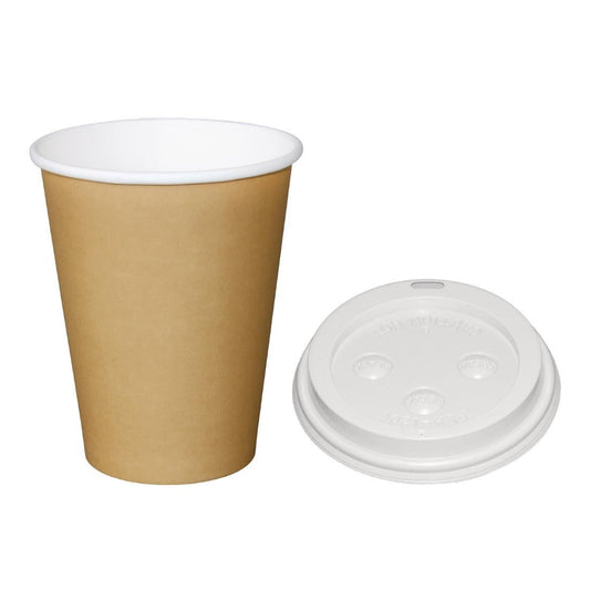 Special Offer Fiesta Recyclable Brown 340ml Hot Cups and White Lids Pack of 1000 • PAS-SA437