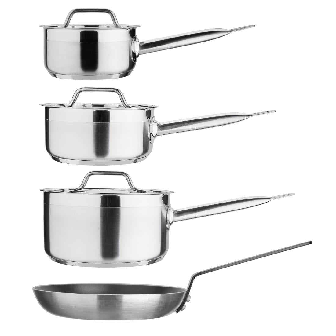 Nisbets Essentials Cook Like A Pro Stainless Steel & Aluminium 4-Piece Saucepan and Frying Pan Set (Pack of 4) • PAS-SA689
