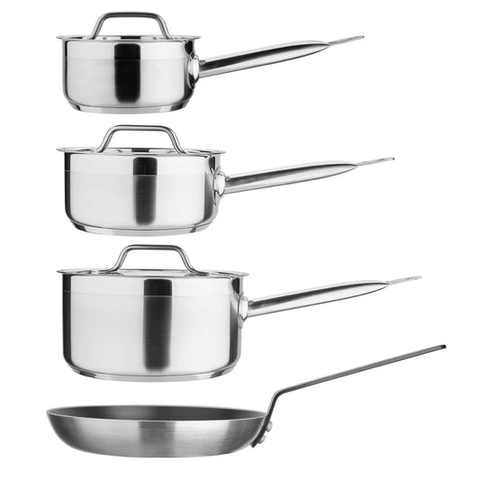 Nisbets Essentials Cook Like A Pro Stainless Steel & Aluminium 4-Piece Saucepan and Frying Pan Set (Pack of 4) • PAS-SA689