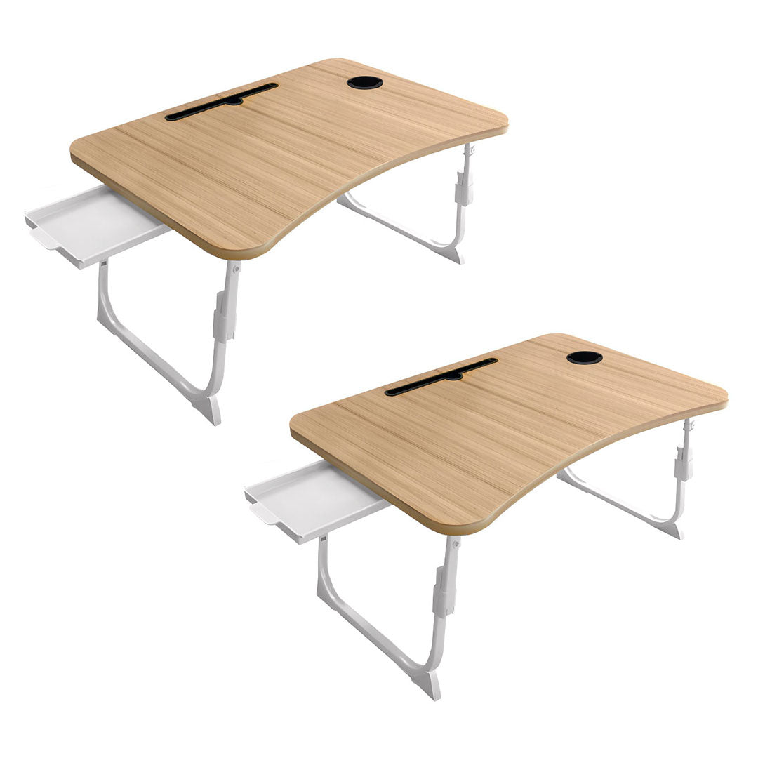 SOGA 2X Oak Portable Bed Table Adjustable Folding Mini Desk Stand With Cup-Holder Home Decor LUZ-BedTableM664X2