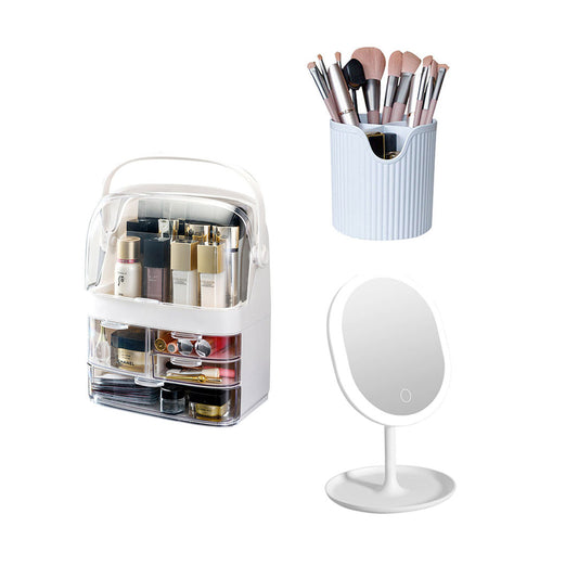 SOGA 3 Tier White Countertop Cosmetic Makeup Brush Lipstick Holder Organiser and 20cm Rechargeable LED Light Tabletop Mirror Set LUZ-BathC103-G531-Z111