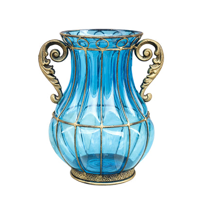 SOGA Blue Colored European Glass Home Decor Flower Vase with Two Metal Handle LUZ-HO-VaseYG2325B