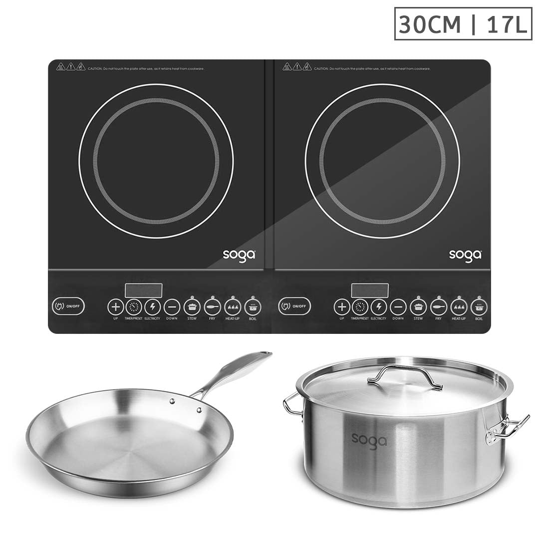 SOGA Dual Burners Cooktop Stove, 17L Stainless Steel Stockpot 28cm and 30cm Induction Fry Pan LUZ-ECooktDBL-StockPot17L-FRY2865