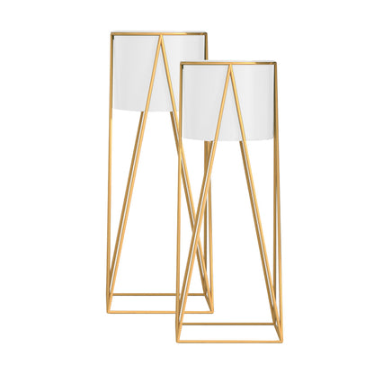 SOGA 2X 50cm Gold Metal Plant Stand with White Flower Pot Holder Corner Shelving Rack Indoor Display LUZ-FPotH52WHTX2