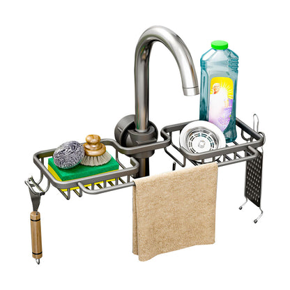 SOGA Dark Grey Kitchen Sink Organiser Faucet Soap Sponge Caddy Rack Drainer with Towel Bar Holder LUZ-TAN1030