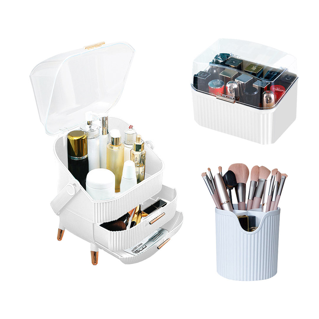 SOGA White Cosmetic Jewelry Storage Organiser Set Makeup Brush Lipstick Skincare Holder Jewelry Storage Box with Handle LUZ-BathC111