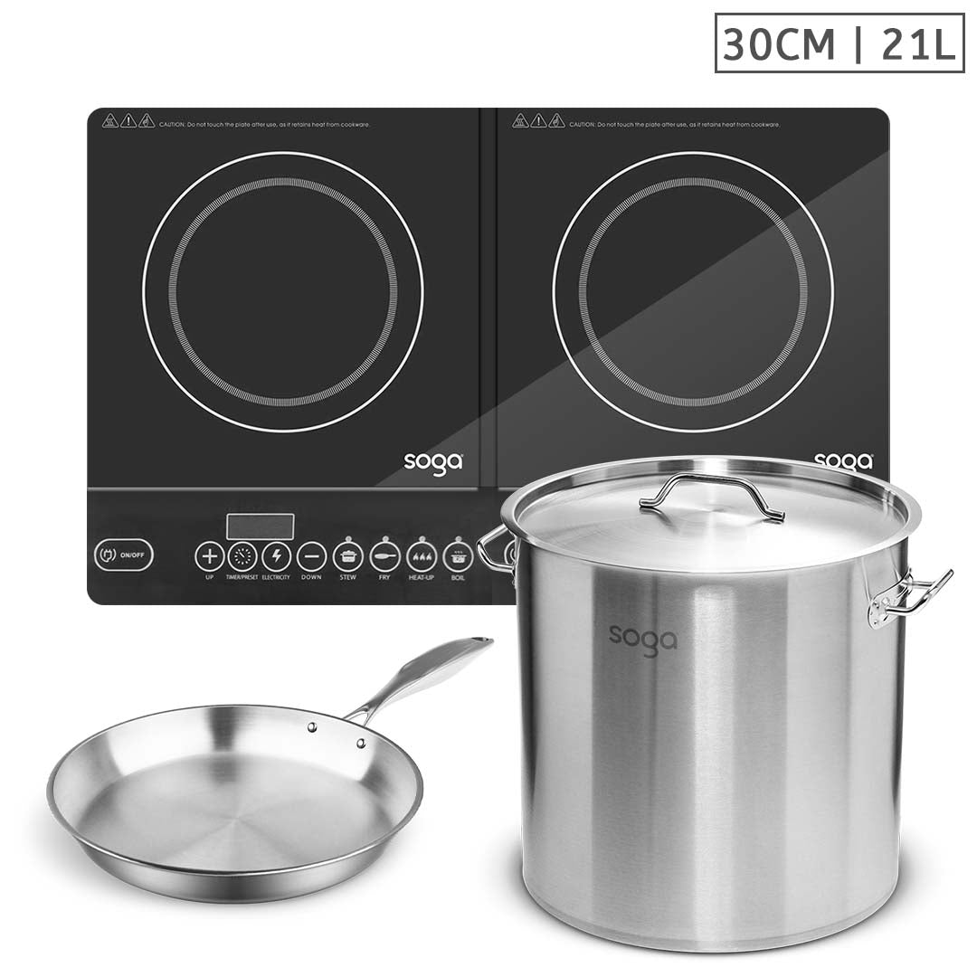 SOGA Dual Burners Cooktop Stove, 21L Stainless Steel Stockpot 30cm and 30cm Induction Fry Pan LUZ-ECooktDBL-StockPot30CM-FRY2865
