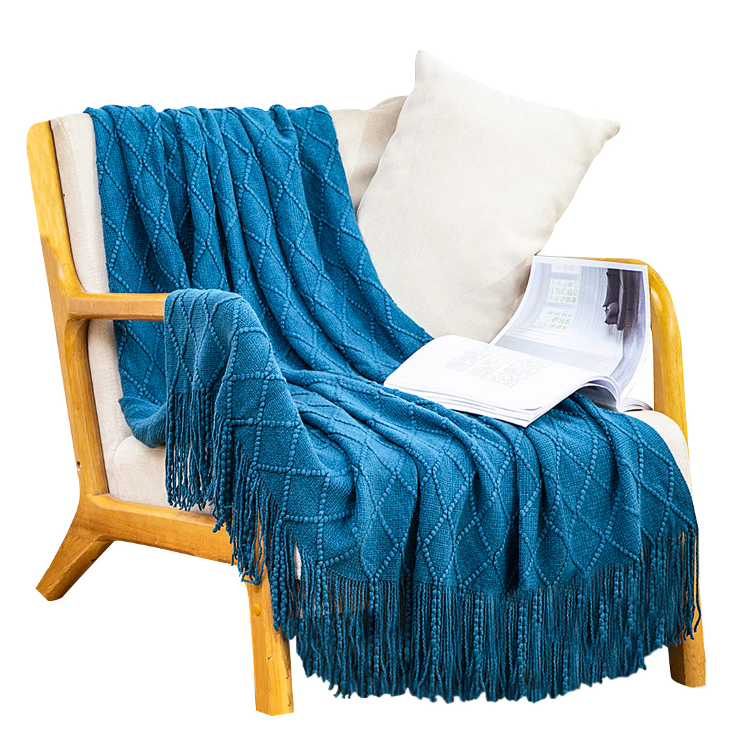 SOGA Royal Blue Diamond Pattern Knitted Throw Blanket Warm Cozy Woven Cover Couch Bed Sofa Home Decor with Tassels LUZ-Blanket902
