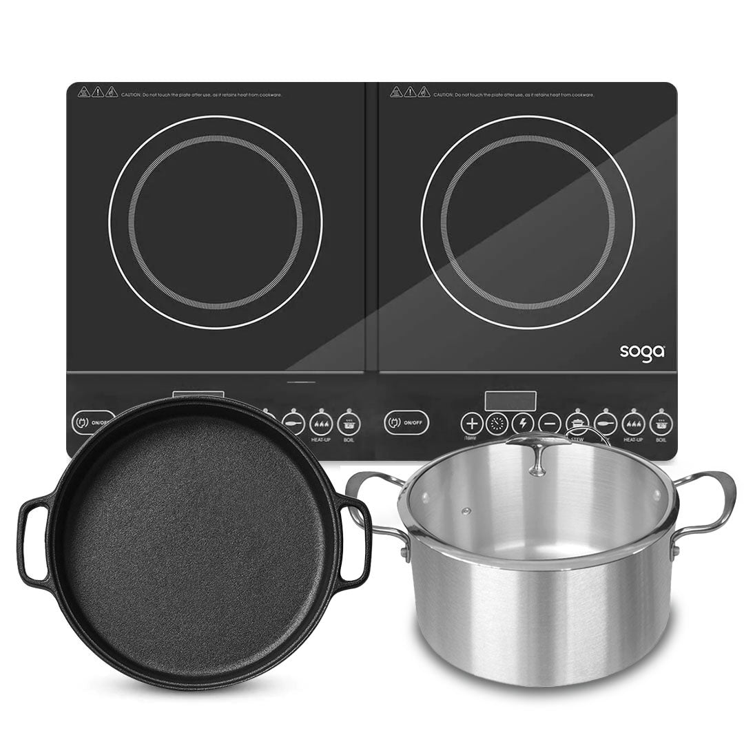SOGA Dual Burners Cooktop Stove, 30cm Cast Iron Frying Pan Skillet and 28cm Induction Casserole LUZ-ECooktDBL-Sizzle30-CASL4226