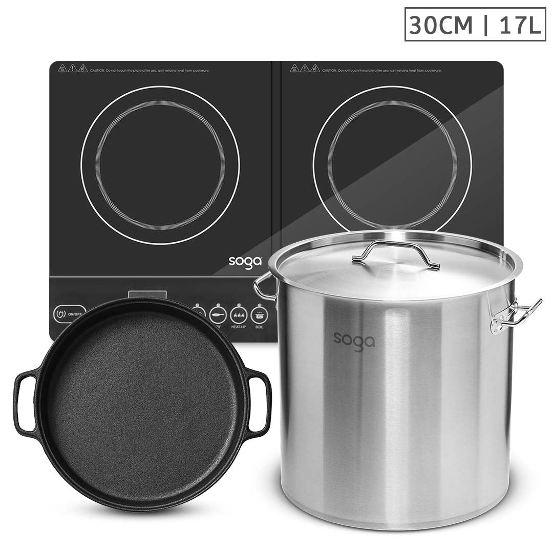 SOGA Dual Burners Cooktop Stove, 30cm Cast Iron Skillet and 17L Stainless Steel Stockpot 28cm LUZ-ECooktDBL-Sizzle30-StockP28CM