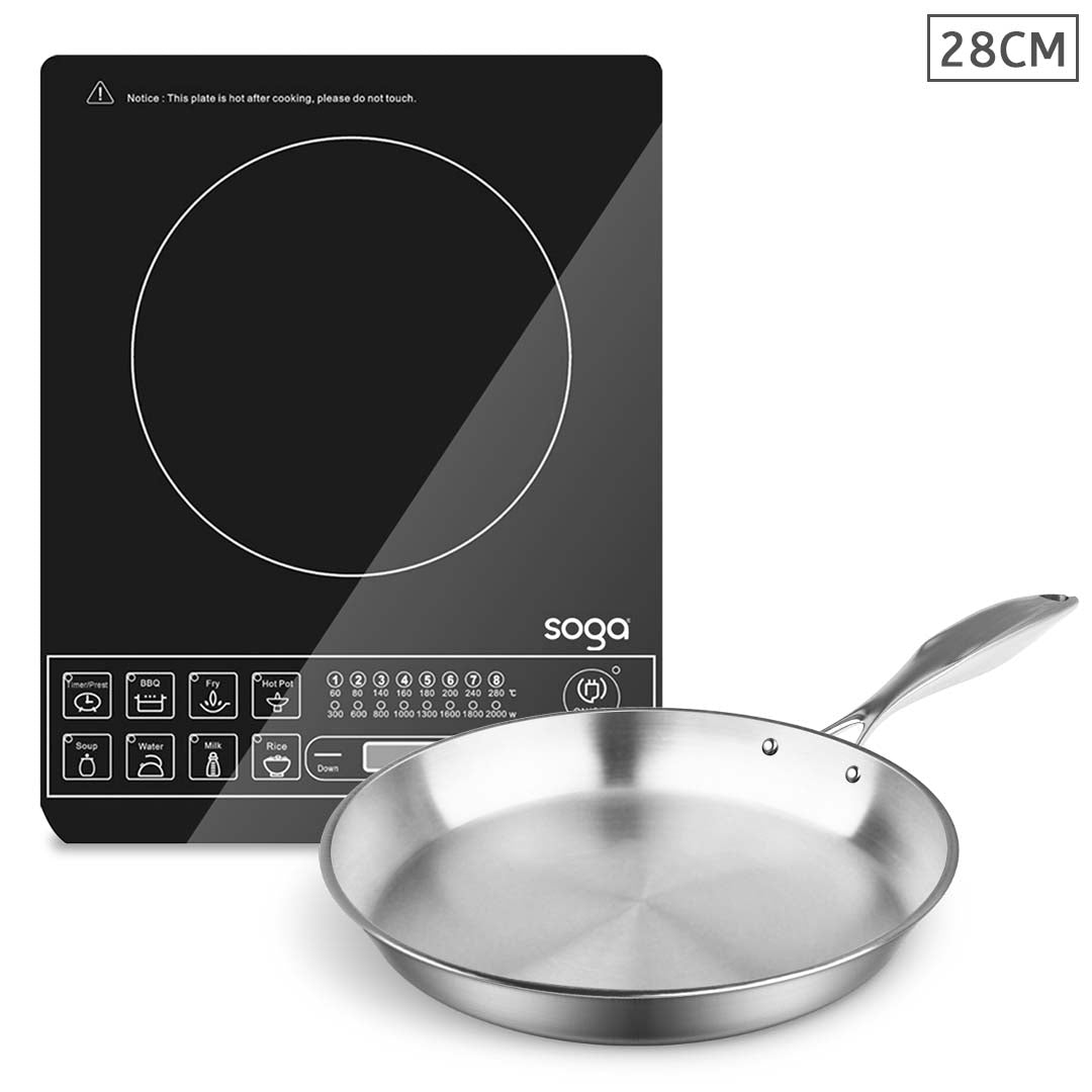 SOGA Electric Smart Induction Cooktop and 28cm Stainless Steel Fry Pan Cooking Frying Pan LUZ-ECookt-FRY2864