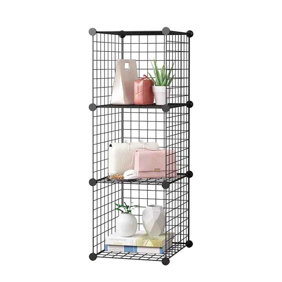 SOGA Black Portable 3 Tier Cube Storage Organiser Foldable DIY Modular Grid Space Saving Shelf LUZ-NetBox1003