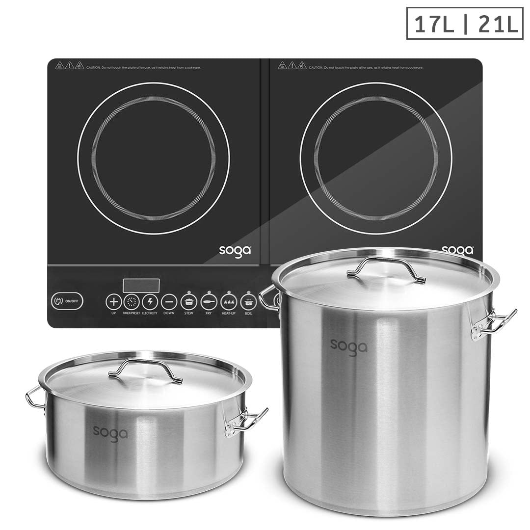 SOGA Dual Burners Cooktop Stove, 21L and 17L Stainless Steel Stockpot Top Grade Stock Pot LUZ-ECooktDBL-StockPot30CM-StockPot17L