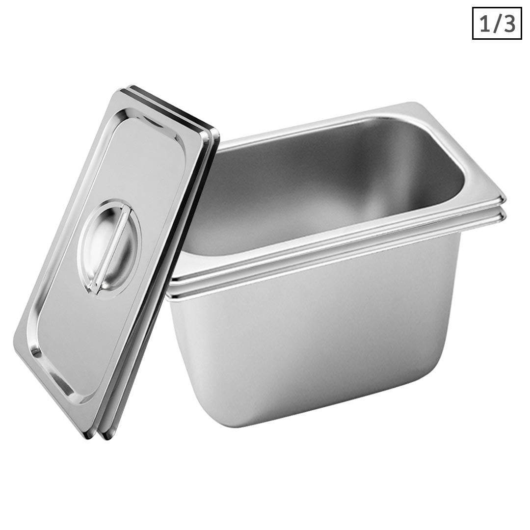 SOGA 2X Gastronorm GN Pan Full Size 1/3 GN Pan 20cm Deep Stainless Steel Tray With Lid LUZ-GP5444wLidX2