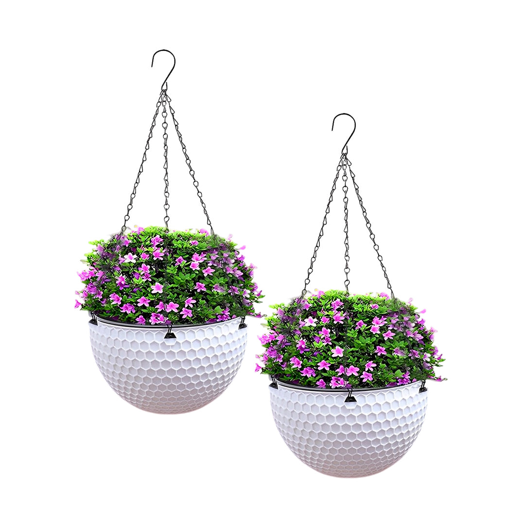 SOGA 2X White Medium Hanging Resin Flower Pot Self Watering Basket Planter Outdoor Garden Decor LUZ-HangPot12WHTX2