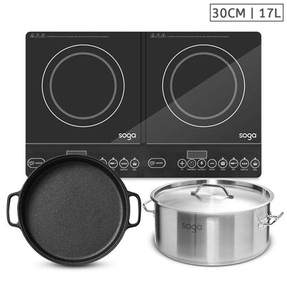 SOGA Dual Burners Cooktop Stove, 30cm Cast Iron Skillet and 17L Stainless Steel Stockpot LUZ-ECooktDBL-Sizzle30-StockPot17L