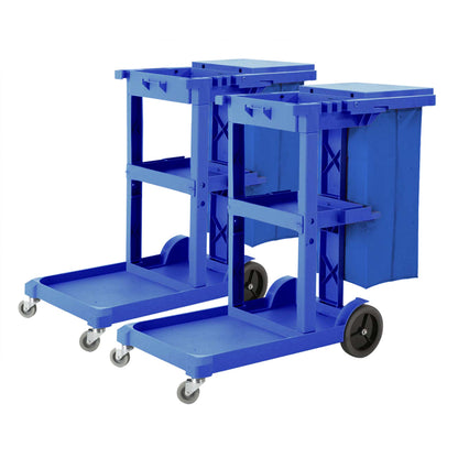 SOGA 2X 3 Tier Multifunction Janitor Cleaning Waste Cart Trolley and Waterproof Bag Blue LUZ-FoodCart033GWBlueX2