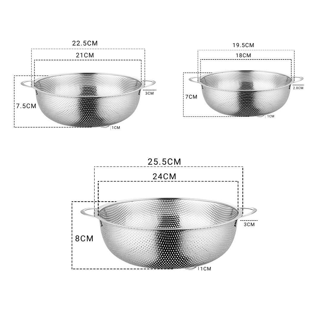 SOGA Stainless Steel Perforated Metal Colander Set Food Strainer Basket Mesh Net Bowl with 2 Handle LUZ-ColanderBowlSet