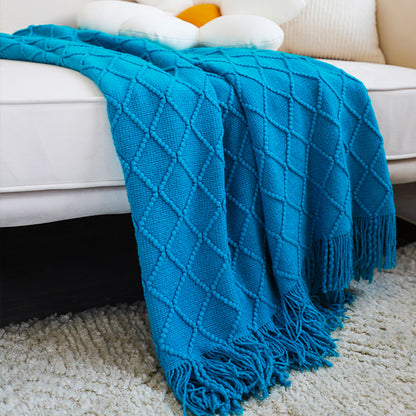 SOGA 2X Blue Diamond Pattern Knitted Throw Blanket Warm Cozy Woven Cover Couch Bed Sofa Home Decor with Tassels LUZ-Blanket904X2