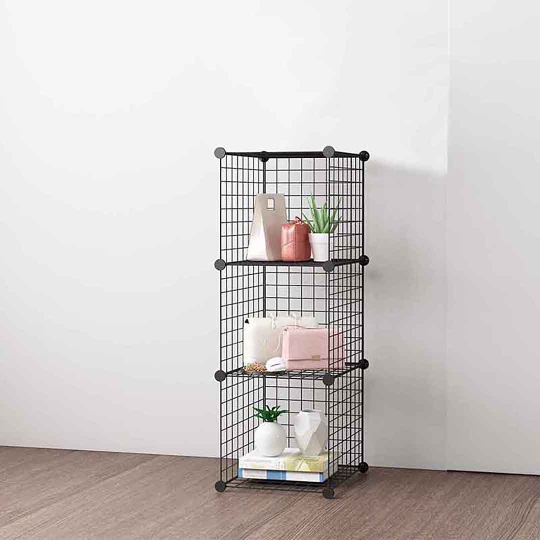 SOGA Black Portable 3 Tier Cube Storage Organiser Foldable DIY Modular Grid Space Saving Shelf LUZ-NetBox1003