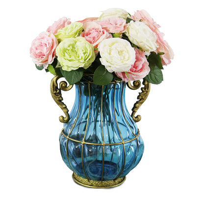 SOGA Blue Colored European Glass Home Decor Flower Vase with Two Metal Handle LUZ-HO-VaseYG2325B