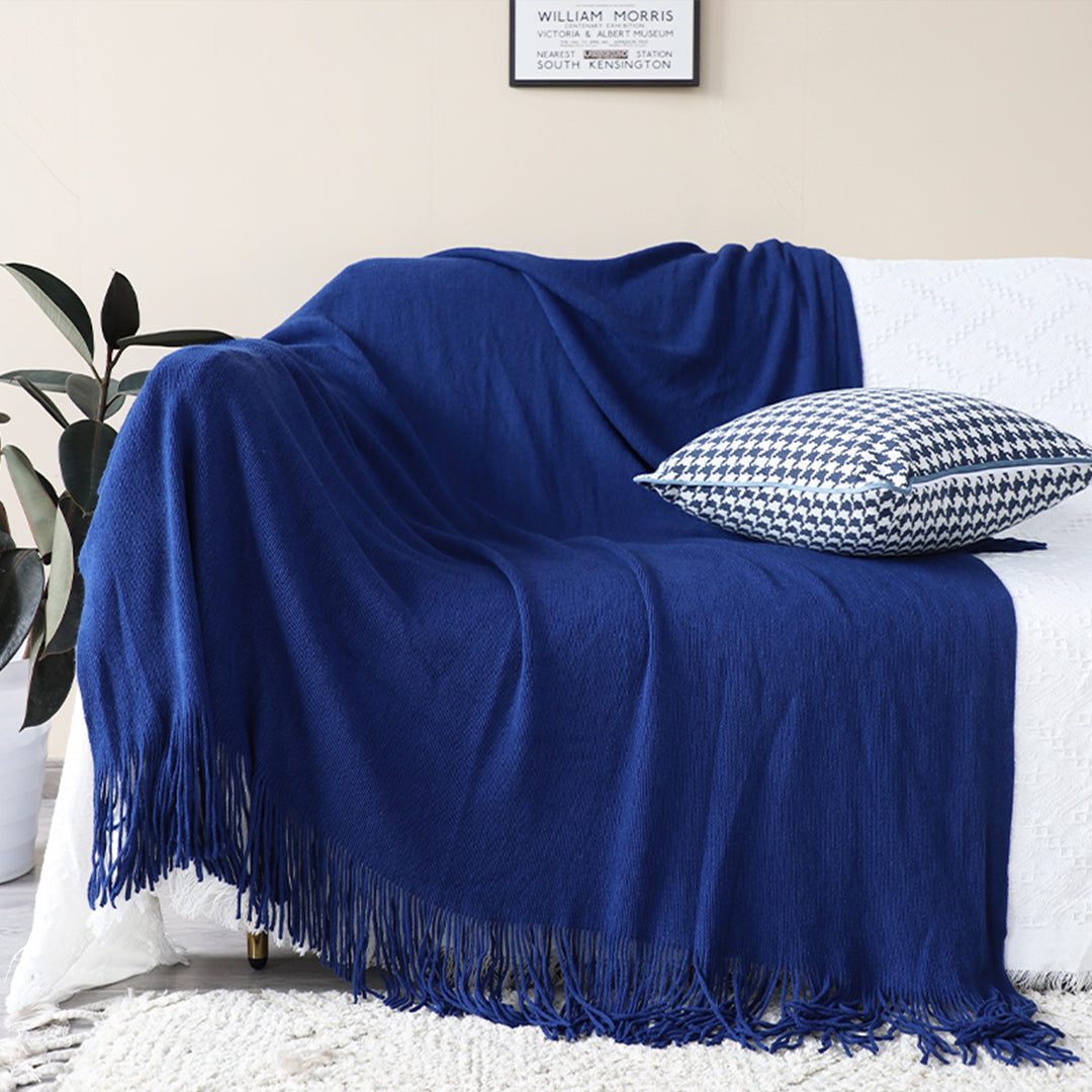 SOGA Royal Blue Acrylic Knitted Throw Blanket Solid Fringed Warm Cozy Woven Cover Couch Bed Sofa Home Decor LUZ-Blanket909