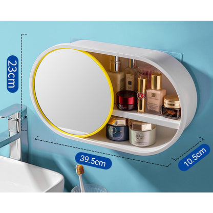 SOGA 39cm Oval Wall-Mounted Mirror Storage Box Vanity Mirror Rack Bathroom Adhesive Shelf Home Organiser Decor LUZ-BathG323