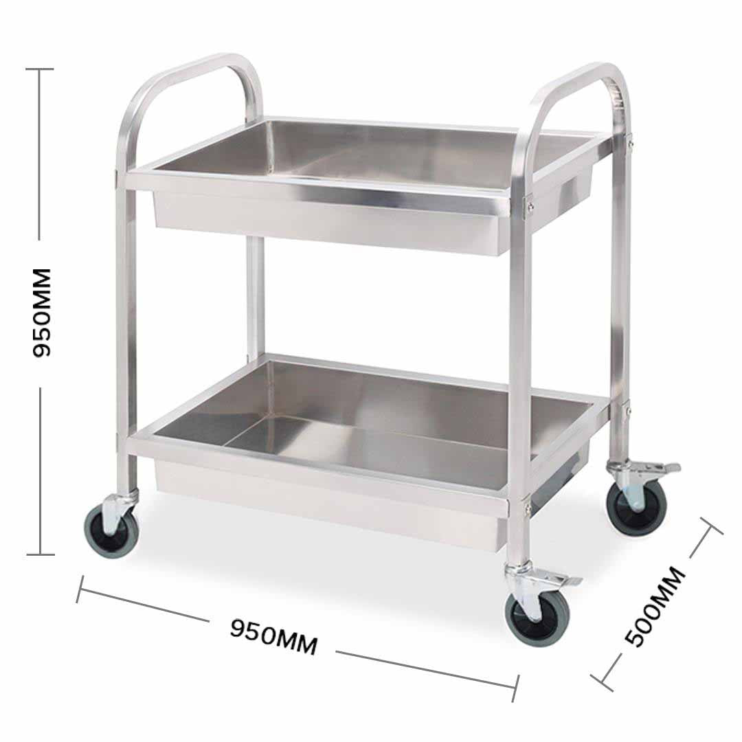 SOGA 2 Tier 95x50x95cm Stainless Steel Kitchen Trolley Bowl Collect Service FoodCart Large LUZ-FoodCart1201