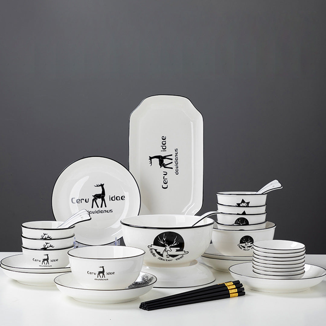 SOGA White Antler Printed Ceramic Dinnerware Set Crockery Soup Bowl Plate Server Kitchen Home Decor Set of 28 LUZ-BowlG776