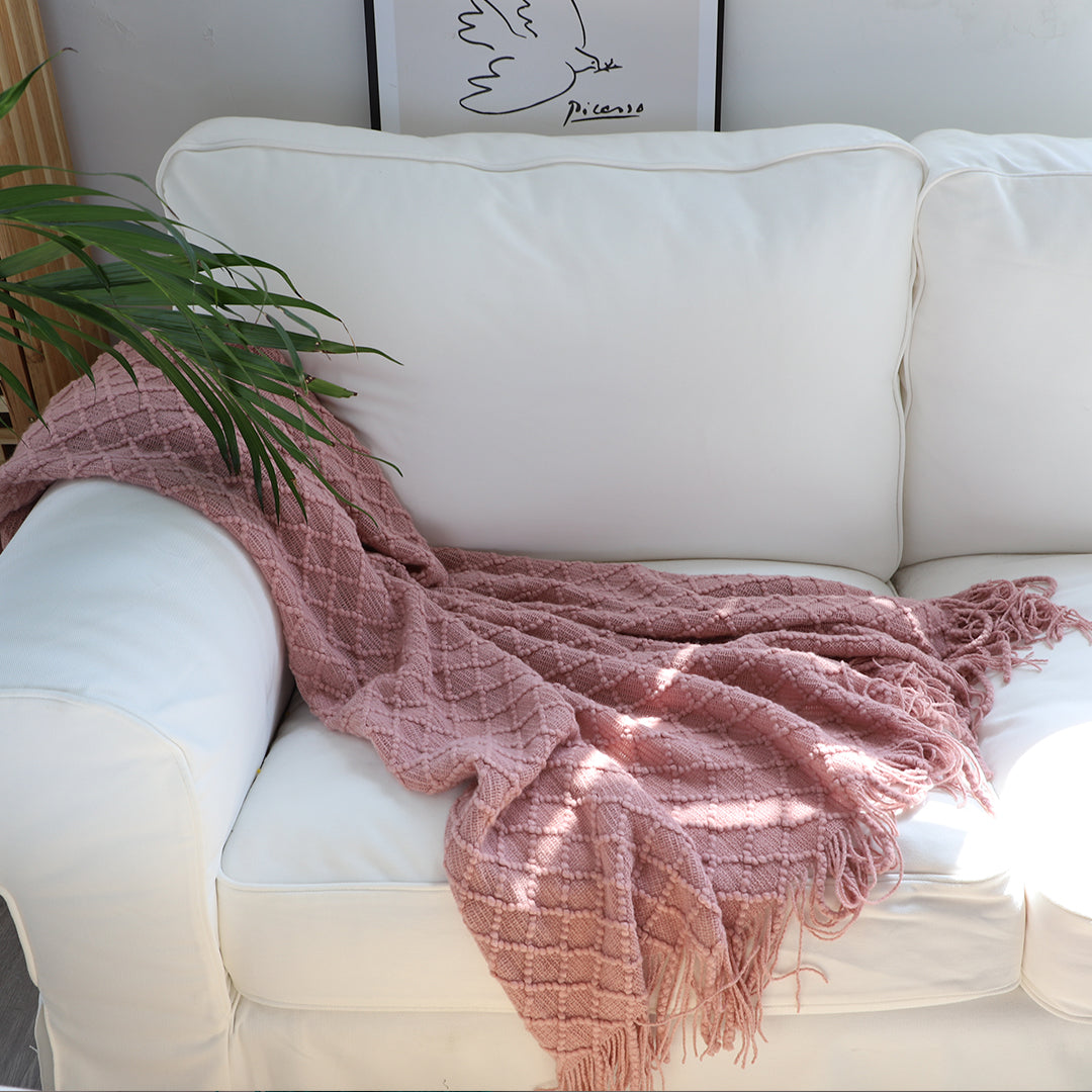 SOGA Pink Diamond Pattern Knitted Throw Blanket Warm Cozy Woven Cover Couch Bed Sofa Home Decor with Tassels LUZ-Blanket924