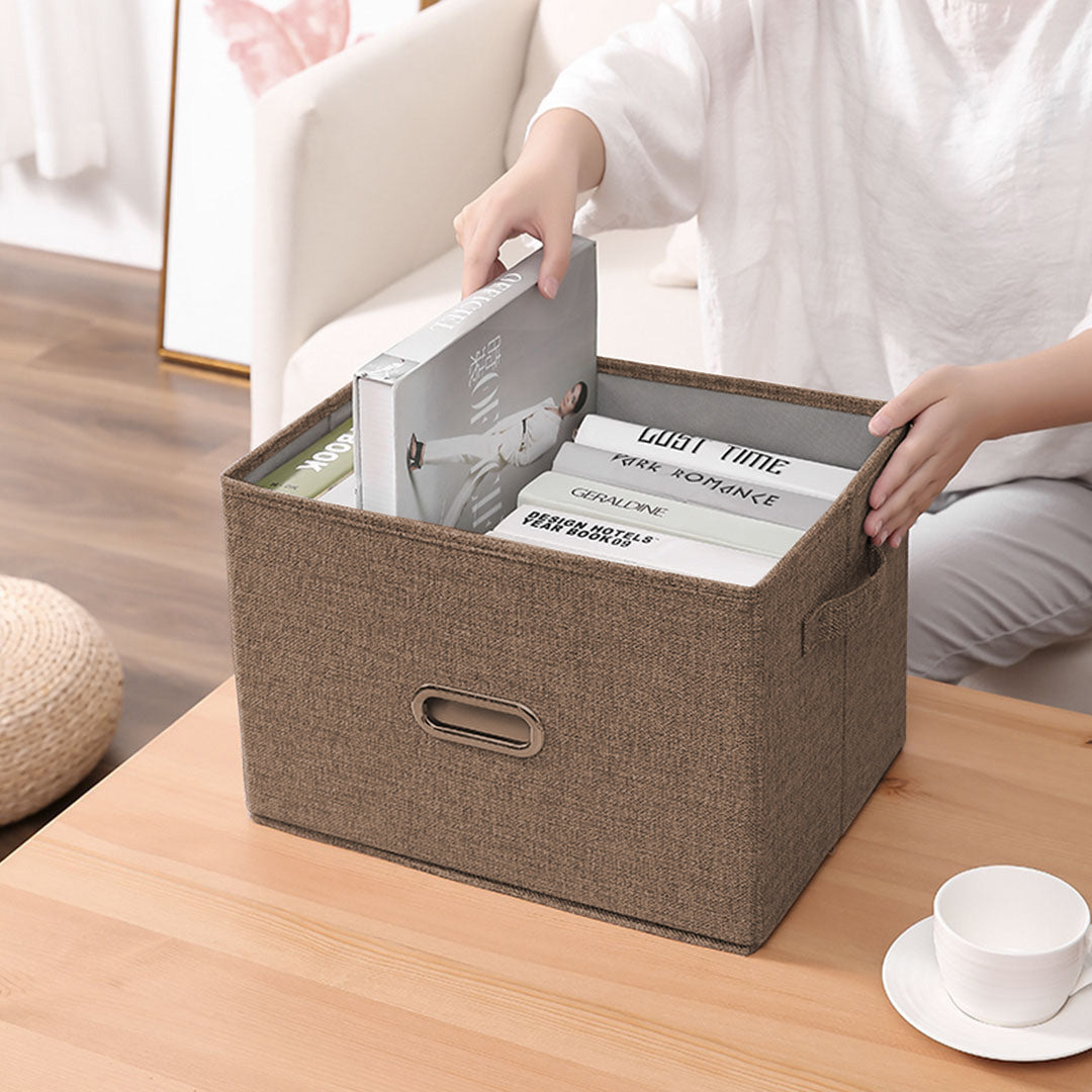 SOGA 2X Coffee Medium Foldable Canvas Storage Box Cube Clothes Basket Organiser Home Decorative Box LUZ-SBox010X2