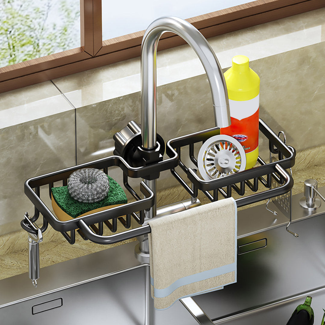 SOGA 2X Black Kitchen Sink Organiser Faucet Soap Sponge Caddy Rack Drainer with Towel Bar Holder LUZ-TAN1032X2