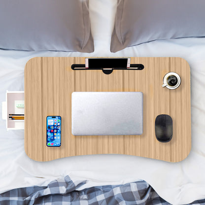 SOGA Oak Portable Bed Table Adjustable Folding Mini Desk Stand With Cup-Holder Home Decor LUZ-BedTableM664