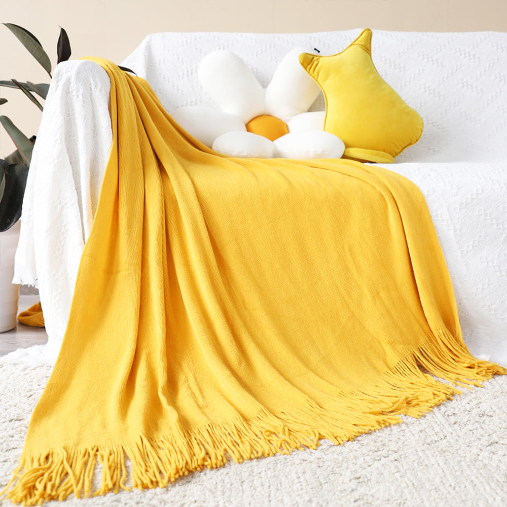SOGA 2X Yellow Acrylic Knitted Throw Blanket Solid Fringed Warm Cozy Woven Cover Couch Bed Sofa Home Decor LUZ-Blanket916X2