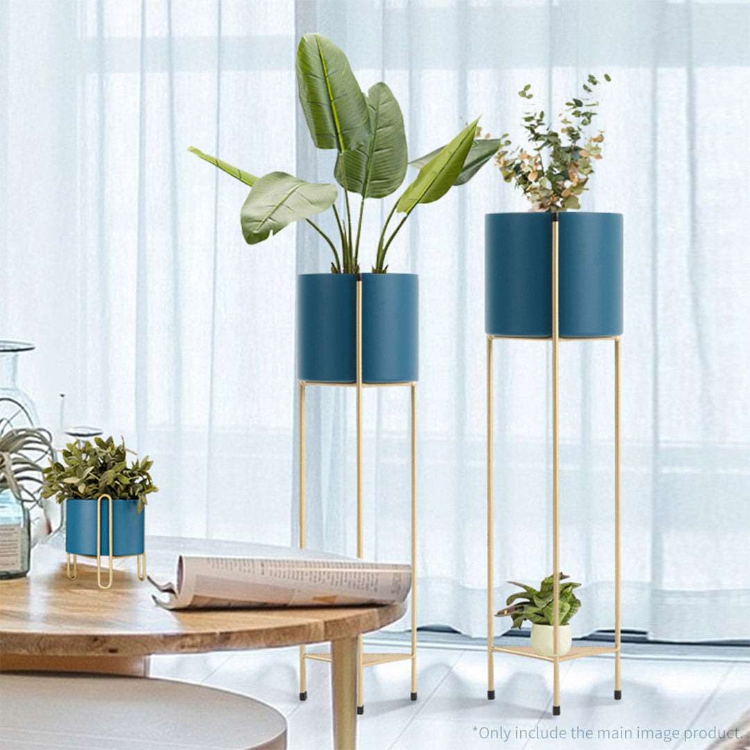 SOGA 4X 2 Layer 65cm Gold Metal Plant Stand with Blue Flower Pot Holder Corner Shelving Rack Indoor Display LUZ-FPotH65BLUX4