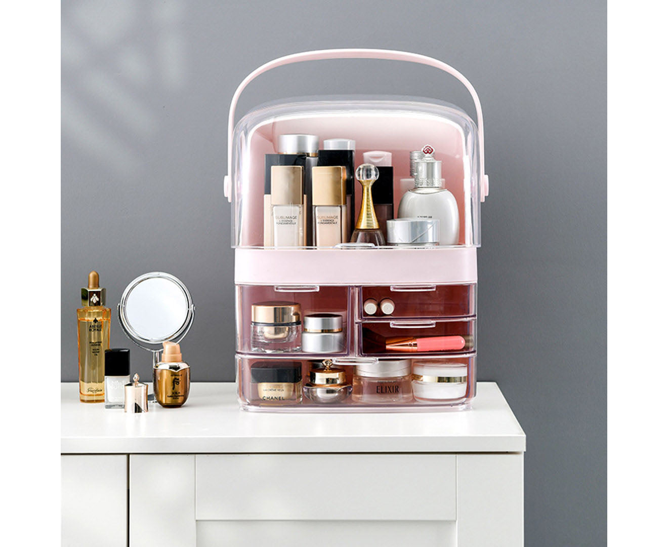 SOGA 2X 3 Tier Pink Countertop Makeup Cosmetic Storage Organiser Skincare Holder Jewelry Storage Box with Handle LUZ-BathC104X2