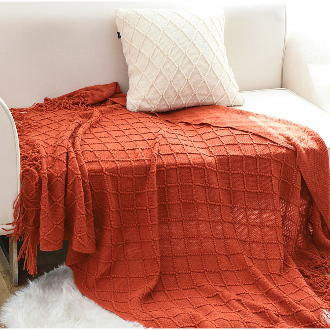 SOGA 2X Red Diamond Pattern Knitted Throw Blanket Warm Cozy Woven Cover Couch Bed Sofa Home Decor with Tassels LUZ-Blanket905X2