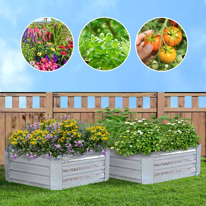 SOGA 2X 60cm Hexagon Shape Galvanised Raised Garden Bed Vegetable Herb Flower Outdoor Planter Box LUZ-MetalBSil519X2