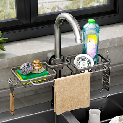 SOGA Dark Grey Kitchen Sink Organiser Faucet Soap Sponge Caddy Rack Drainer with Towel Bar Holder LUZ-TAN1030