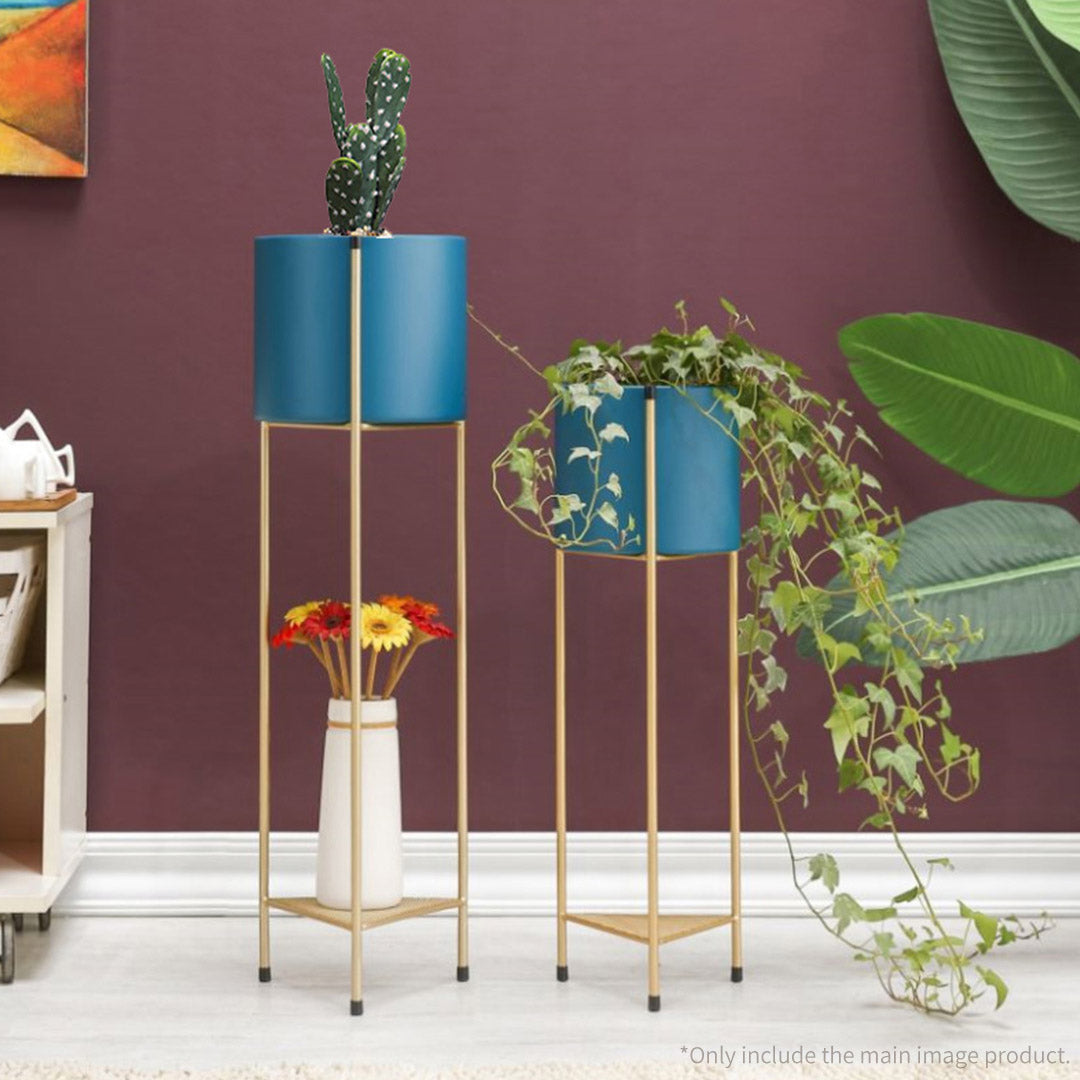 SOGA 4X 2 Layer 65cm Gold Metal Plant Stand with Blue Flower Pot Holder Corner Shelving Rack Indoor Display LUZ-FPotH65BLUX4