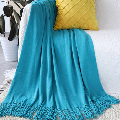 SOGA Blue Acrylic Knitted Throw Blanket Solid Fringed Warm Cozy Woven Cover Couch Bed Sofa Home Decor LUZ-Blanket910