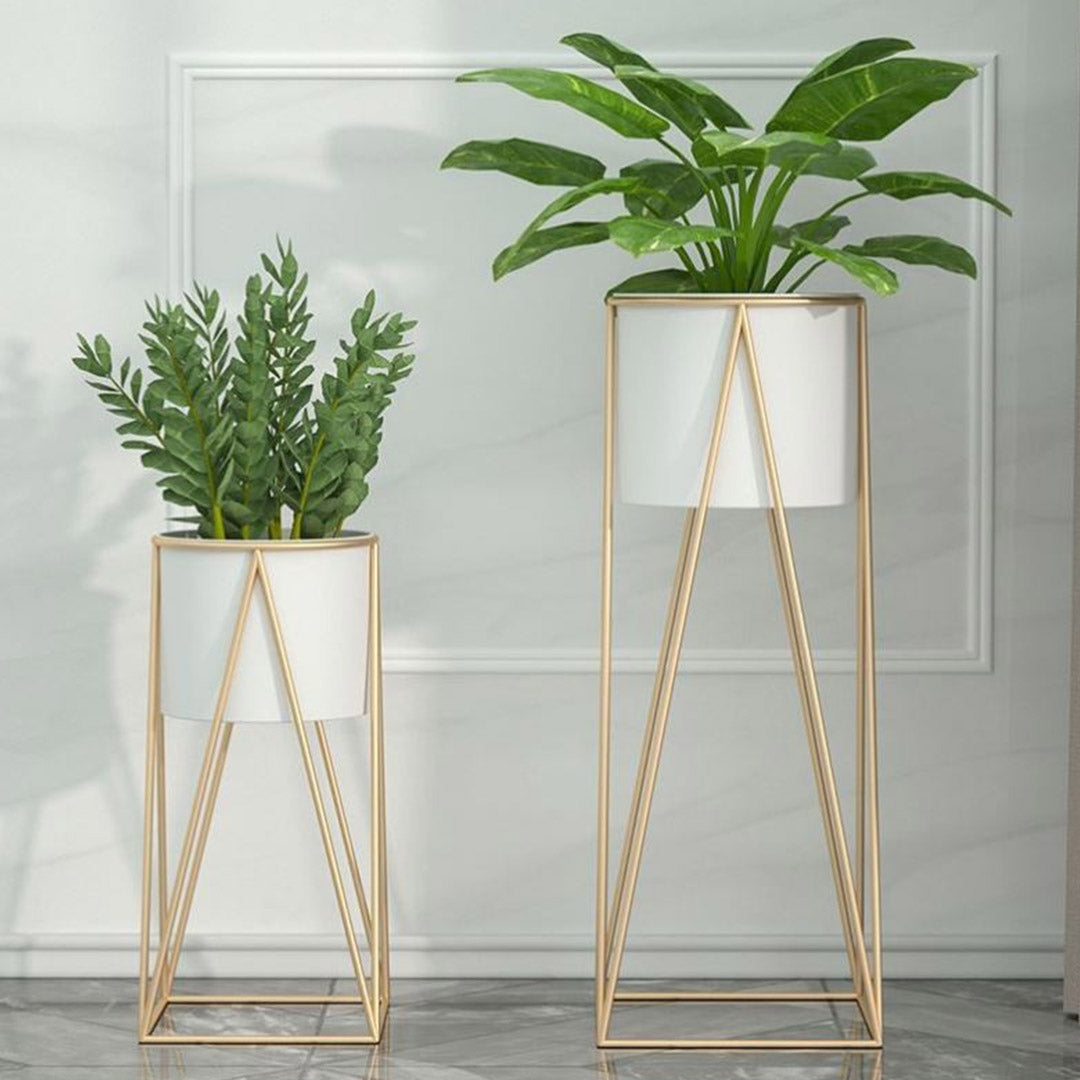 SOGA 2X 50cm Gold Metal Plant Stand with White Flower Pot Holder Corner Shelving Rack Indoor Display LUZ-FPotH52WHTX2