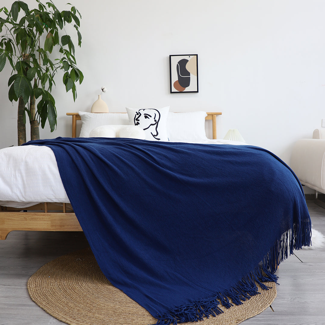 SOGA Royal Blue Acrylic Knitted Throw Blanket Solid Fringed Warm Cozy Woven Cover Couch Bed Sofa Home Decor LUZ-Blanket909