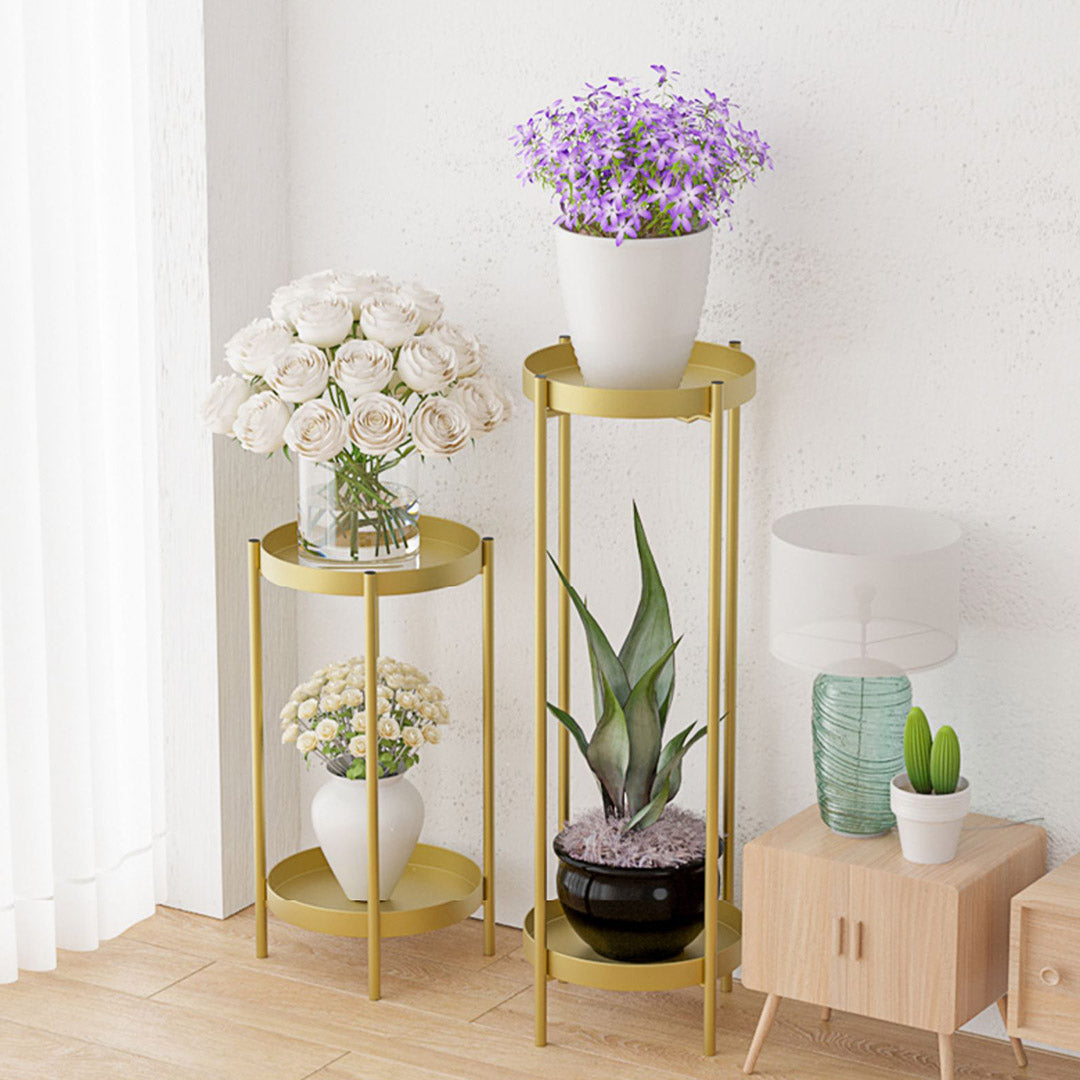 SOGA 4X 2 Layer 80cm Gold Metal Plant Stand Flower Pot Holder Corner Shelving Rack Indoor Display LUZ-FPotH80GLDX4