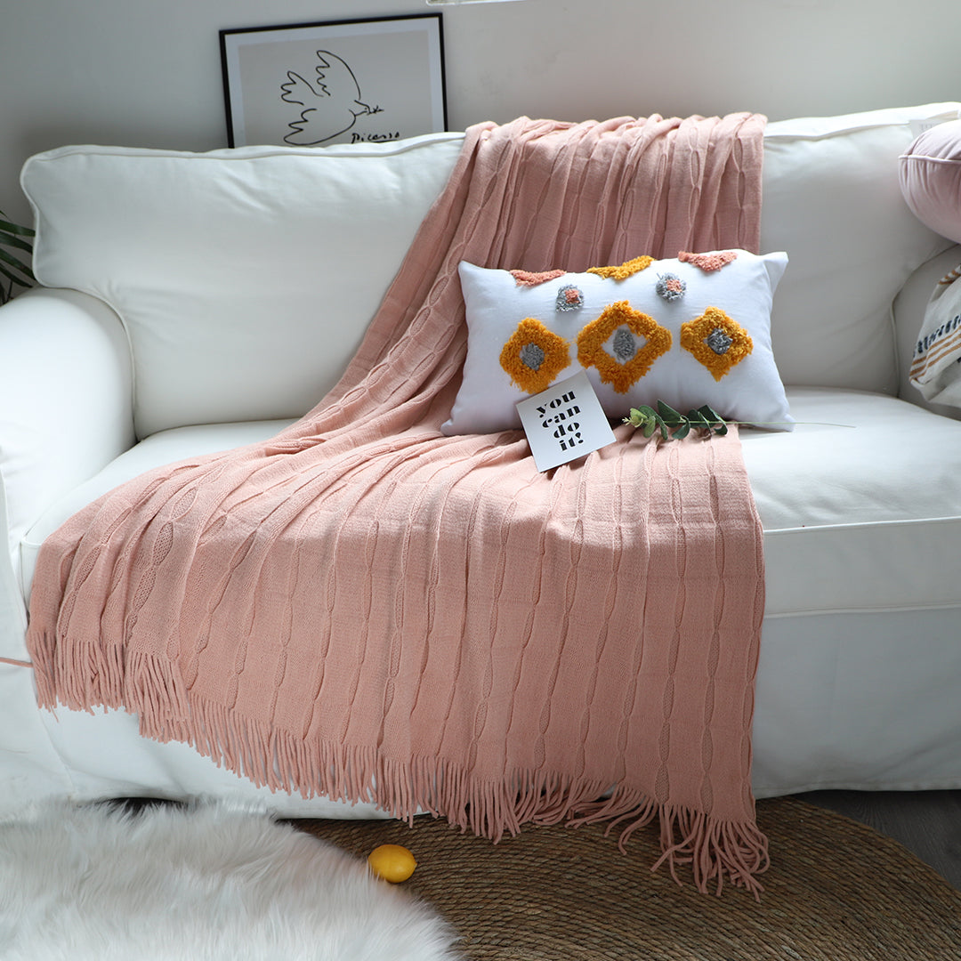 SOGA 2X Pink Textured Knitted Throw Blanket Warm Cozy Woven Cover Couch Bed Sofa Home Decor with Tassels LUZ-Blanket927X2