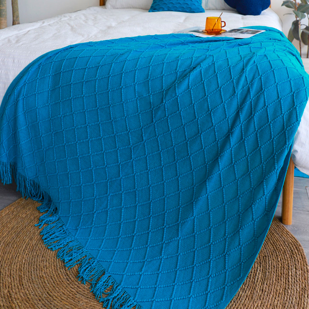 SOGA 2X Blue Diamond Pattern Knitted Throw Blanket Warm Cozy Woven Cover Couch Bed Sofa Home Decor with Tassels LUZ-Blanket904X2